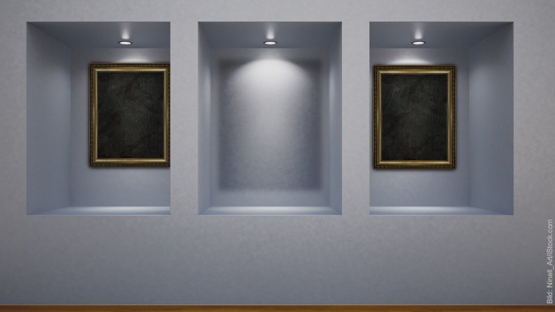 Missverständnisse durch falsche innere Bilder. Eine Bildergalerie. Es sind drei Nischen zu sehen. In der linken und der rechten hängt ein Bild, die Mitte ist leer.