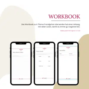 Workbook Fremdgehen aufarbeiten. Auf dem Bild sind 3 Auszüge des Workbooks auf 3 Handys gezeigt.